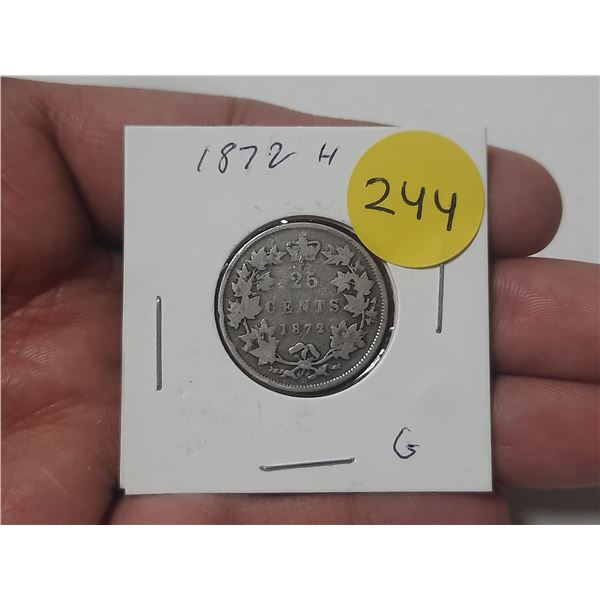 1872 H Canada Silver 25 Cents.