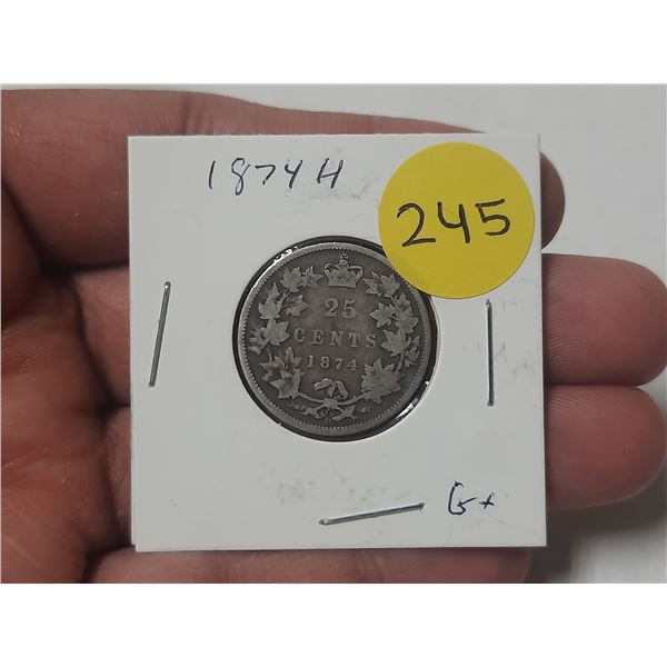 1874 H Canada Silver 25 Cents.