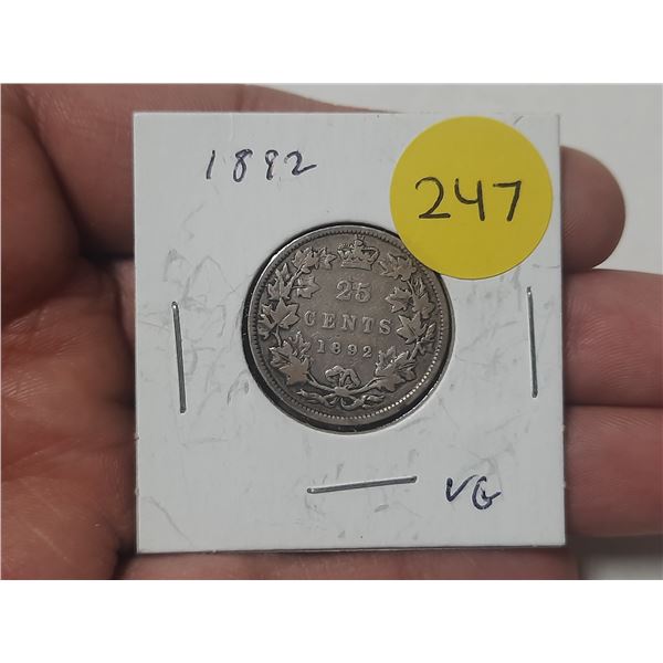 1892 H Canada Silver 25 Cents.