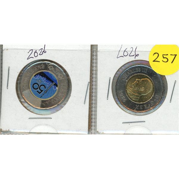 2027 Canadian 50th Anniversary of the CN Tower $2 coins - Coloured and Uncoloured.
