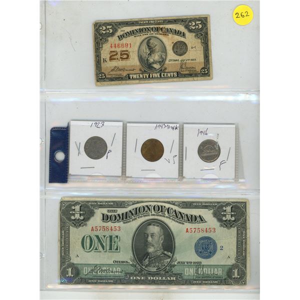 1923 Dominion Of Canada 25 Cents Shinplaster and 1923 Dominion Of Canada One Dollar and 1923, 1943, 