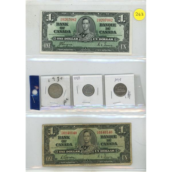 (2) 1937 Canada One Dollar, 1937 Canada Silver 25 Cents, 1937 Canada 10 Cents, 1937 DOT After 7 Cana