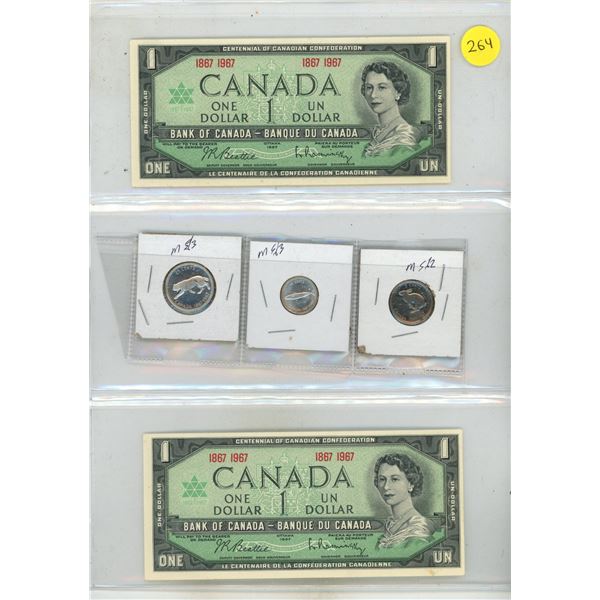 (2) 1967 Canada One Dollar (Uncirculated), 1967 Canada Silver 25 & 10 Cents, 1967 Canada 5 Cents.