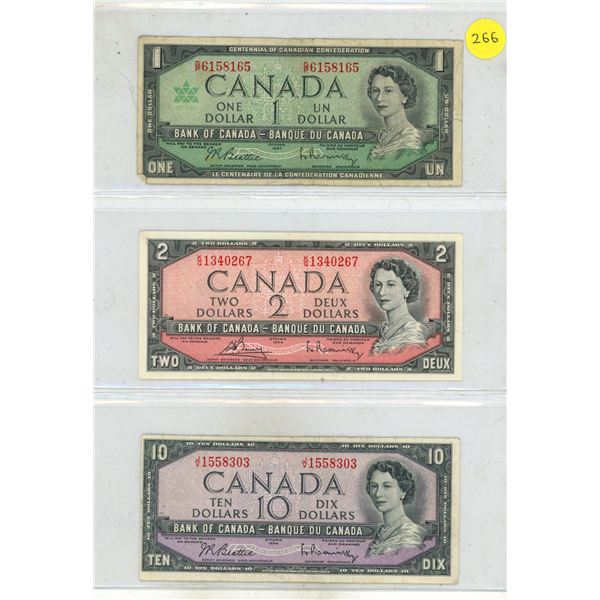 1967 Canada One Dollar, 1954 Canada Two Dollar, 1954 Canada Ten Dollar.