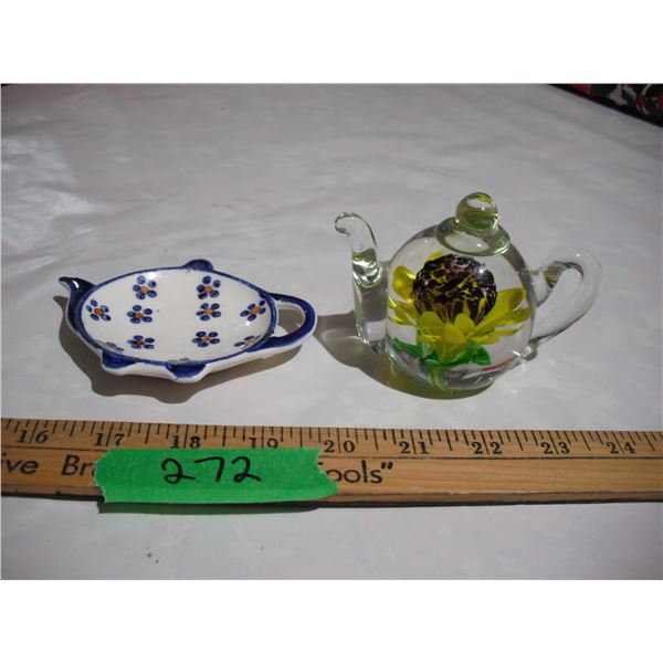 Vintage Blown Glass Flower Tea Pot Paper weight Plus Beise Germany 1919 Pottery Tea Bag Dish