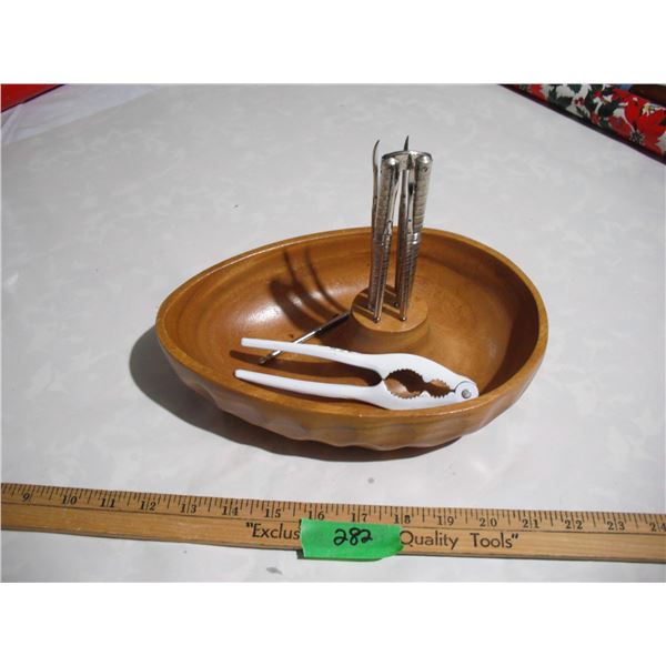 Wooden Nut Bowl Set (2) Nut Crackers, Picks Plus Bowl