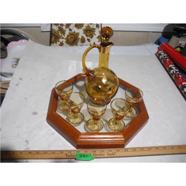 Vintage (Possible Bohemian) Amber Glass Decanter Set w/ 5 Shot Glasses and Tray