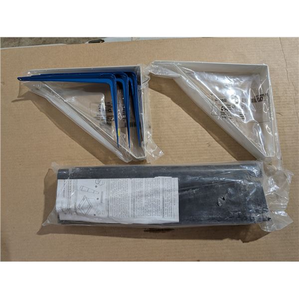 Lot of Blue Shelf Brackets and Sealed Possible Cooler related Item