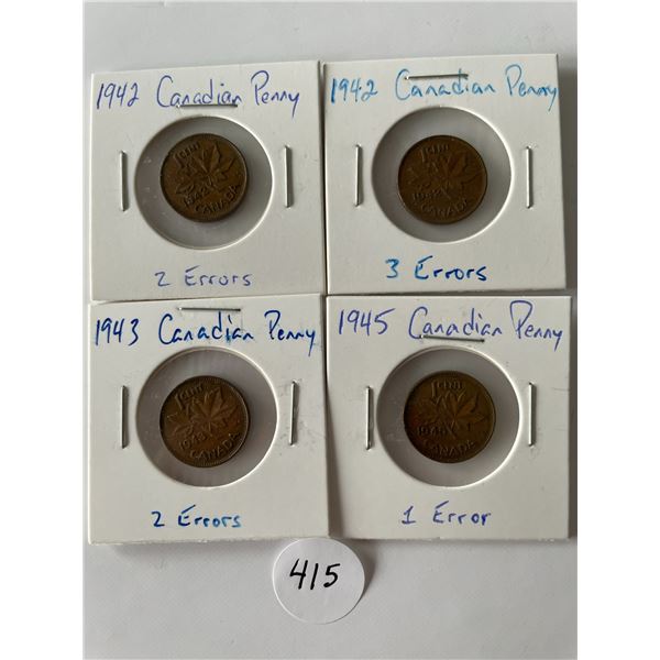 4 Canadian WW2 Pennys with errors