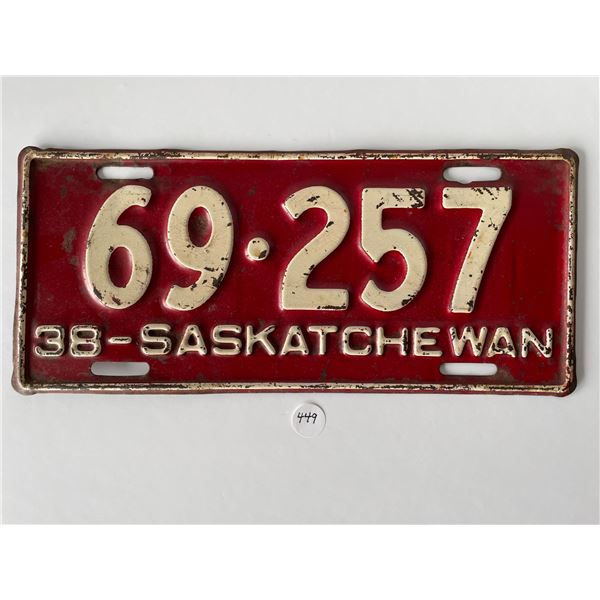 1938 Saskatchewan License Plate – all original no touchups