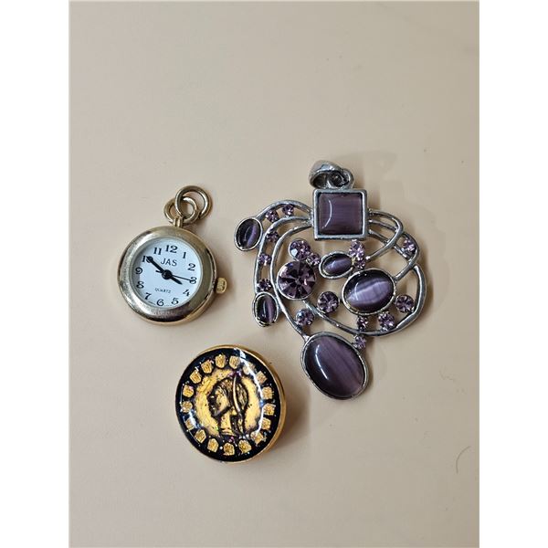 Pendant Watch, Purple Stone Pendant, Unique Button