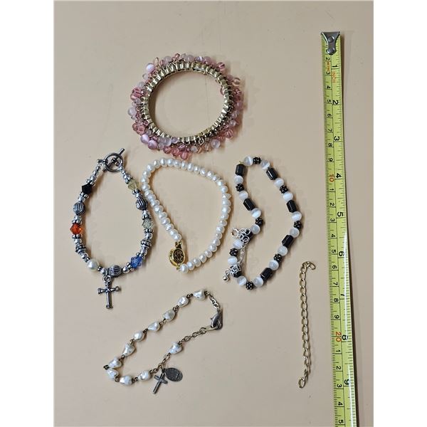 (5) Bracelets Inc. Religious Themed w/ Baroque Style Glass Pearls