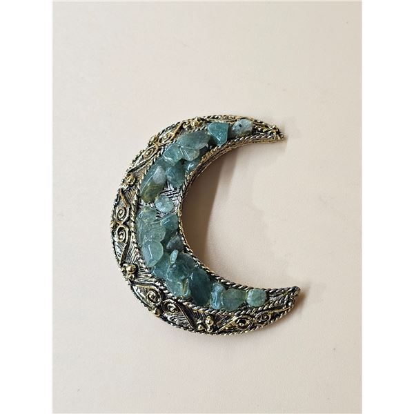 2” Moon Shape Brooch w/ Turquoise Coloured Stones