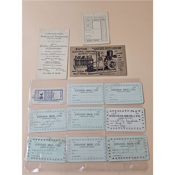 Misc. Vintage Paper Lots inc. Carlton Pool Room Card, Eaton’s Envelope, 1927 Saskatoon Exhi