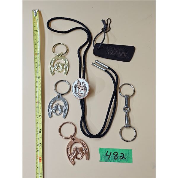 Western Style Bolo Tie, (3) Horseshoe Key Chains, etc.