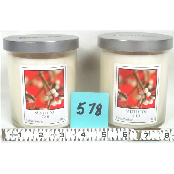 (2) NEW “Mistletoe” Glass Candles w/ Lid.  510g each.