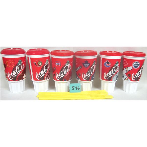 Set of (6) NEW Coca-Cola Plastic NHL Super Gulp Cups w/ Lids & Straws
