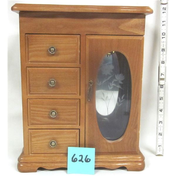 Vintage 12” Wooden Jewelry Box.  Flip Up Lid, Etched Door, Four Drawers