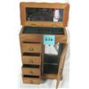 Image 3 : Vintage 12” Wooden Jewelry Box.  Flip Up Lid, Etched Door, Four Drawers