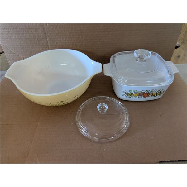 (2) Pyrex Dishes/Corning Ware (Bowl, and Square Dish w/ Lid)