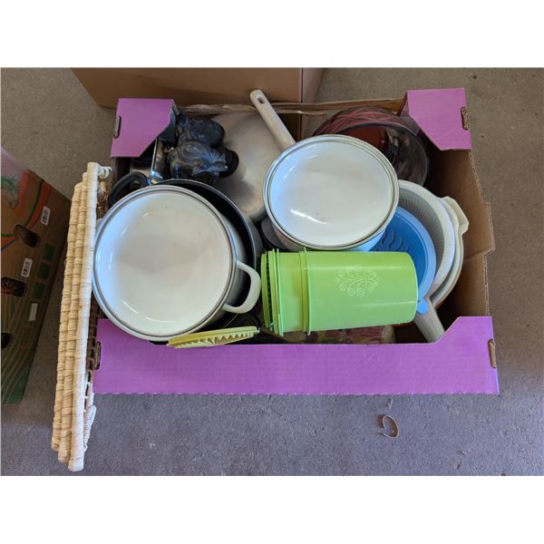Box of Misc. Items (Pots, Tupperware, Strainers, and etc.)