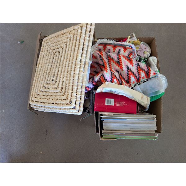 (2) boxes of Misc. Cook Books, Fabric Household, Decor, and etc.)