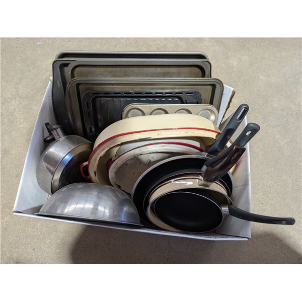 Box of Pots, Baking Sheets, Roaster, and etc.