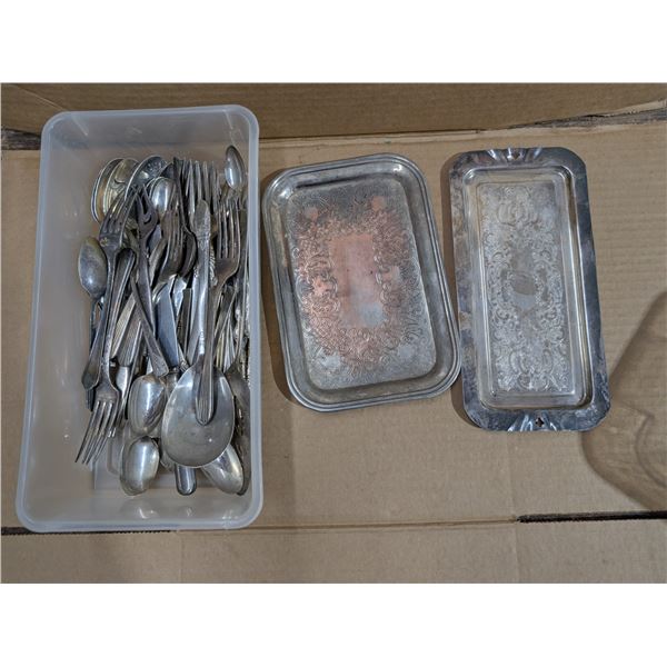 Lot of Vintage Viking Plated E.P. Copper Trays, and Silver Plated and Vintage Utensils as Shown (Not