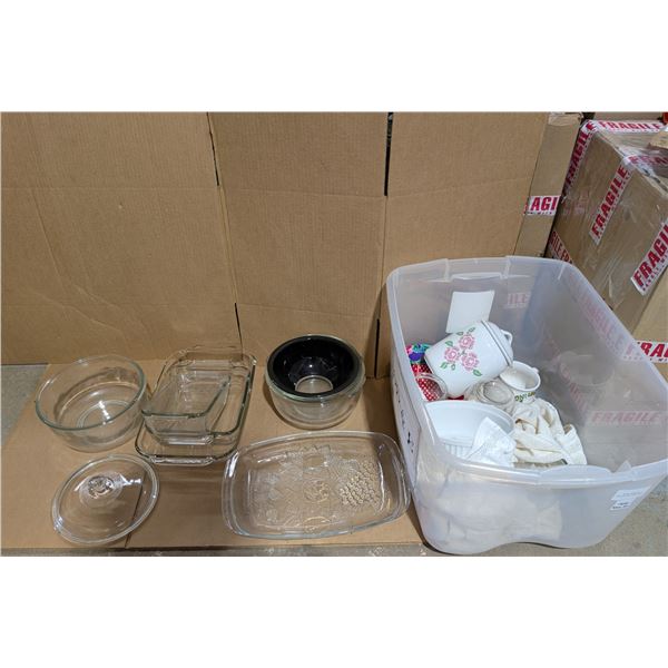 Storage Bin full of Non Named/Pyrex Glassware and Dishware