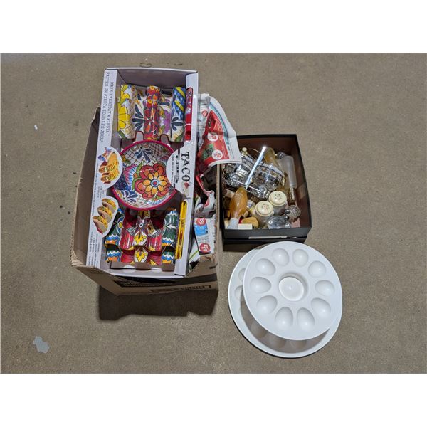 Lot of Avon perfumes, Glassware, Taco Set, and etc.