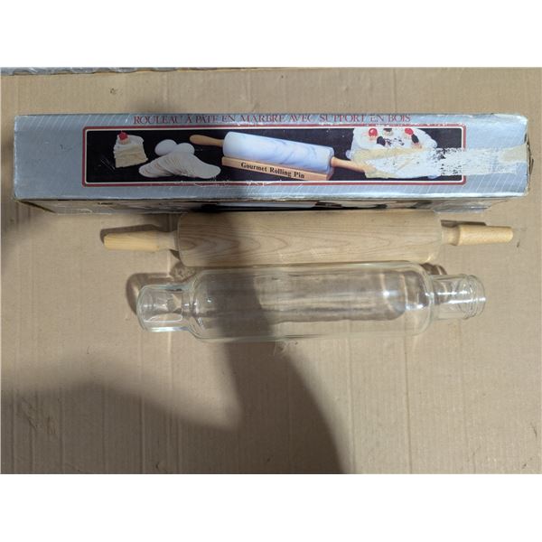 (3) Rolling pins (Glass, Marble, and wood) marble has Original box and stand