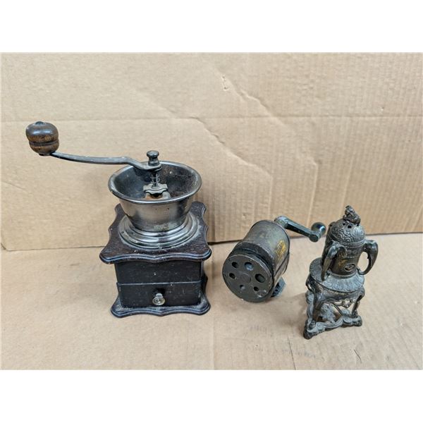Older Coffee Grinder, Vintage Pencil Sharper, and Vintage candle Holder)