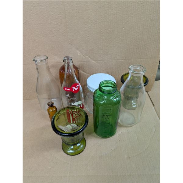 Lot of Vintage Soda Bottles, Milk Bottles, jars, and etc.