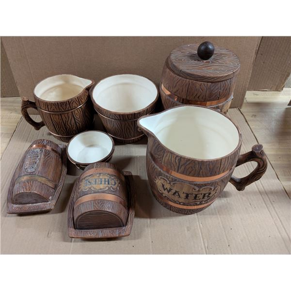 Vintage US Barrel Design Cookie Jar, Butter Dish, Water Pitcher, and etc.