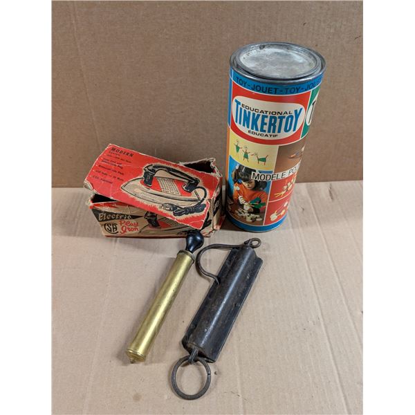 Lot of Vintage Items (tinker toy tin, Electric Play iron, and etc.)
