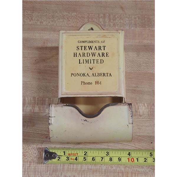 Vintage Tin Advertising Match Holder From Stewart Hardware Limited In Ponoka, Alberta.