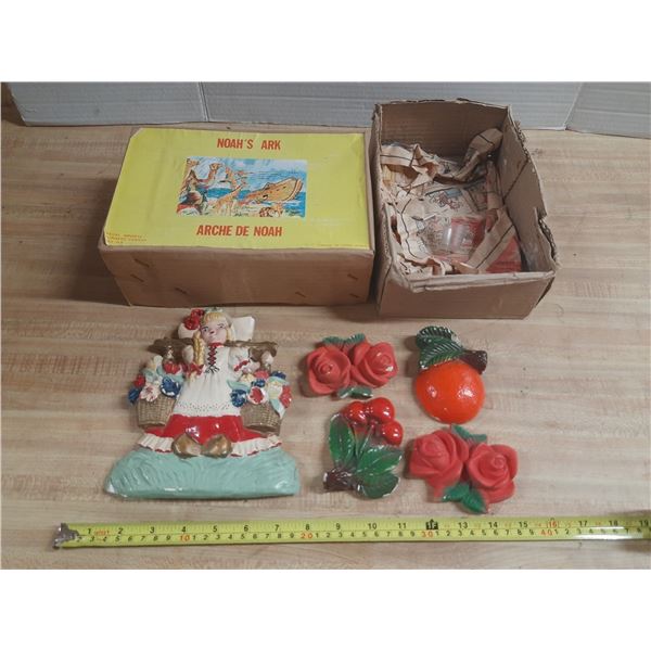 Vintage Chalkware Wall Plaques featuring a Dutch Girl and Fruit Design.