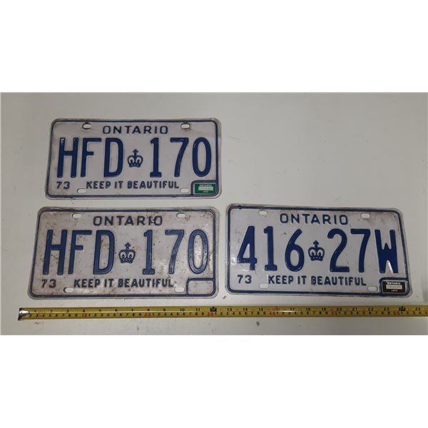 (3) 1973 Ontario License Plates. (One In Pair)