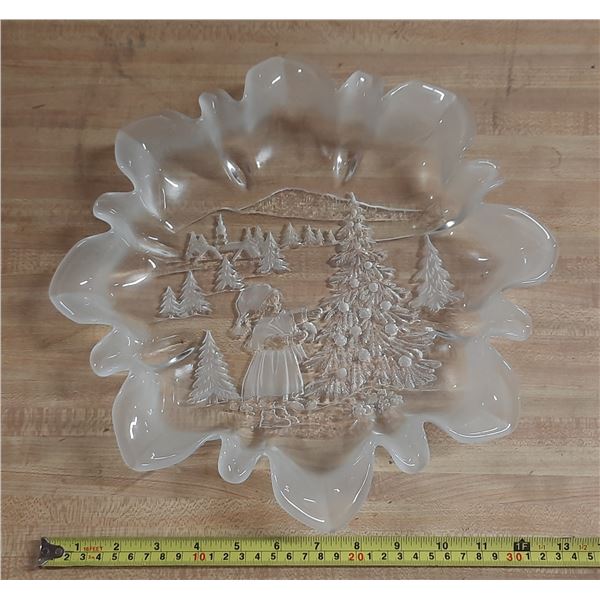 Vintage Mikasa "Christmas Story" crystal bon bon dish featuring a child decorating a tree, designed 
