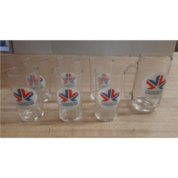 Vintage 1978 Edmonton Commonwealth Games drinking glass and mug featuring the event logo.