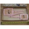 Image 2 : Vintage Carzol plastic vanity set including a pink brush, mirror, and comb.