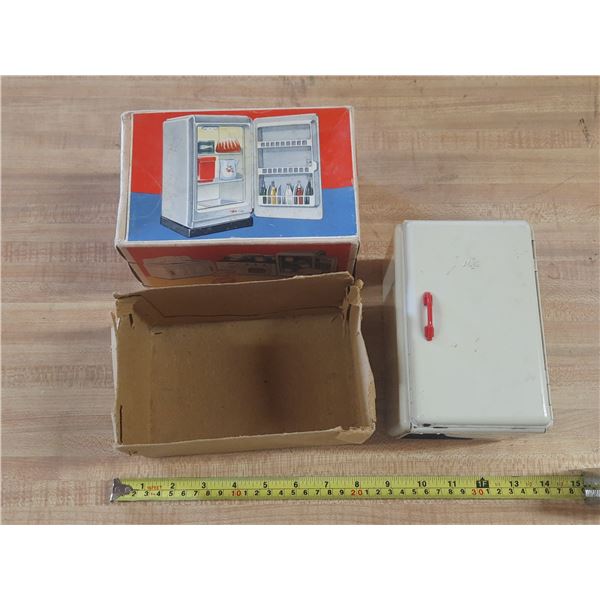 Vintage 1950s MFZ metal tin toy refrigerators from Germany with original box. (Untested)