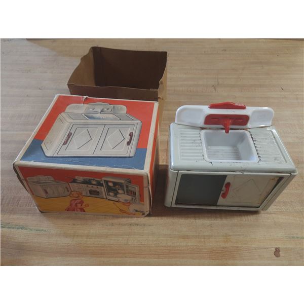 Vintage 1950s MFZ metal tin toy kitchen sink from Germany with original box.