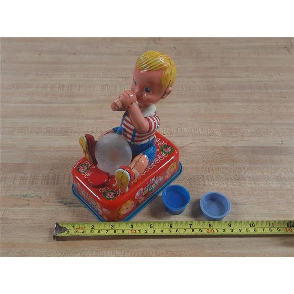 Vintage 1950s Yonezawa tin litho battery-operated "Bubble Blowing Boy" toy made in Japan. (Untested)