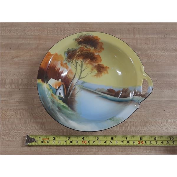 Vintage Noritake handled ceramic bowl featuring a hand-painted "House by the Lake" landscape scene.