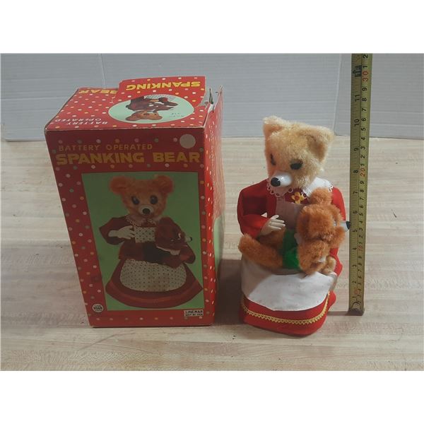 Vintage 1950s Linemar Japan Battery Operated Spanking Bear tin toy with its original box. (Untested)