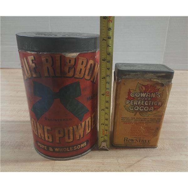 Vintage Blue Ribbon Baking Powder Tin with its original paper label and Vintage Rowntree Company Lim