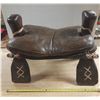 Image 1 : Vintage Middle Eastern or African camel saddle stool, featuring a dark brown leather seat and a carv