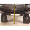 Image 3 : Vintage Middle Eastern or African camel saddle stool, featuring a dark brown leather seat and a carv