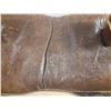 Image 5 : Vintage Middle Eastern or African camel saddle stool, featuring a dark brown leather seat and a carv